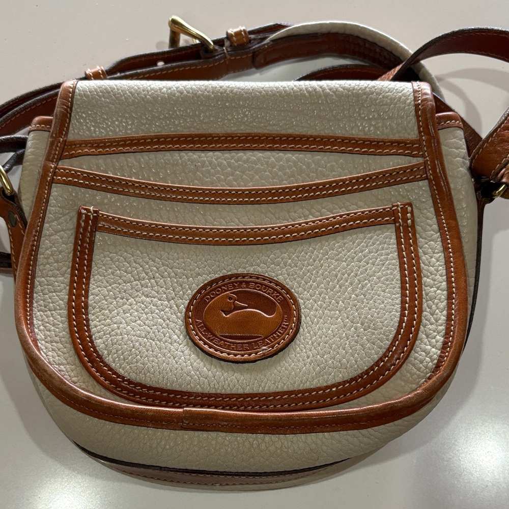 Vintage Dooney & Bourke All-Weather Leather Saddle, Bone w/ British Tan CrossBod
